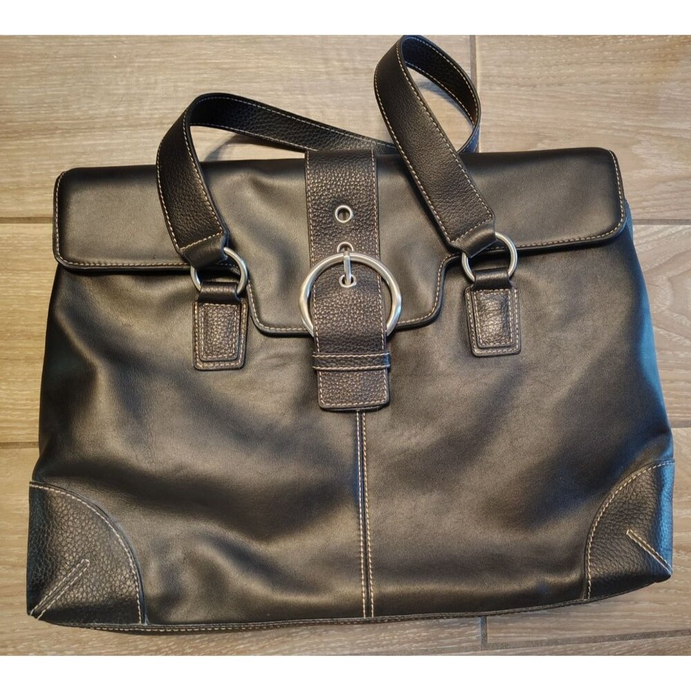 Franklin Covey Black Leather Laptop Bag, Briefcase Tote Double Handle Business